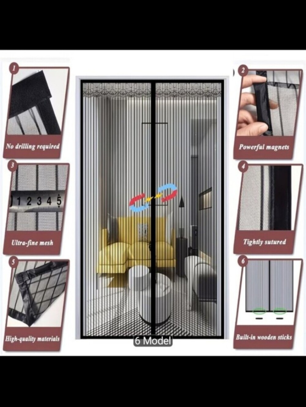 Magnetic Mesh Door Screen Curtain in Black - Double Panel